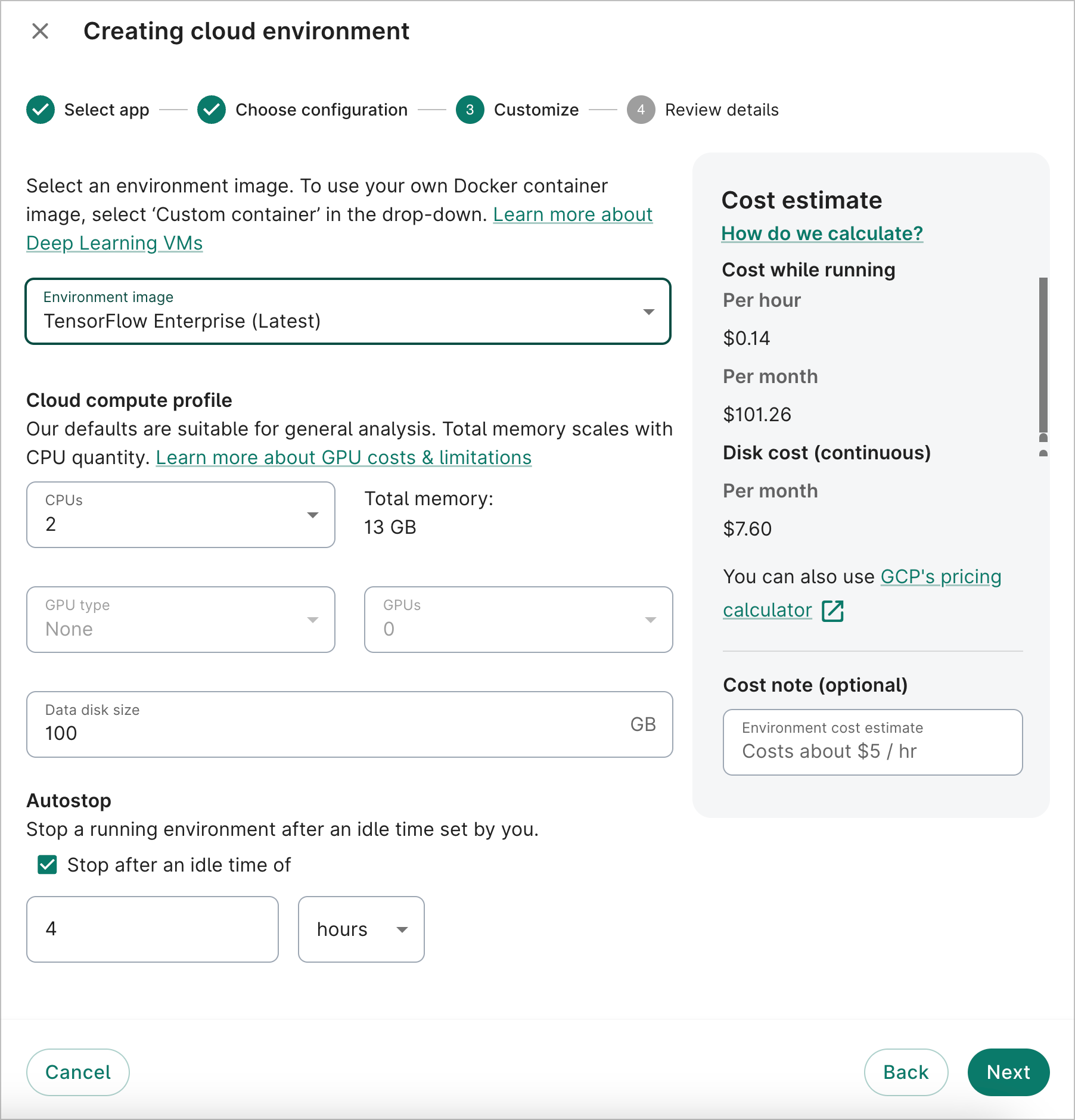 Screenshot of Customize dialog showing environment image options, cloud compute profile, data disk size, and autostop.