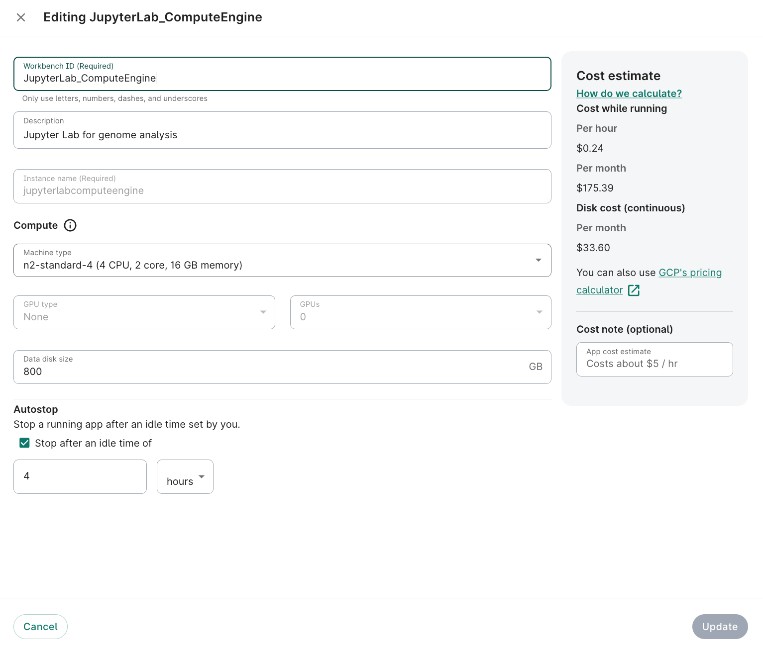 The machine type and data disk size fields can only be edited when the VM is stopped