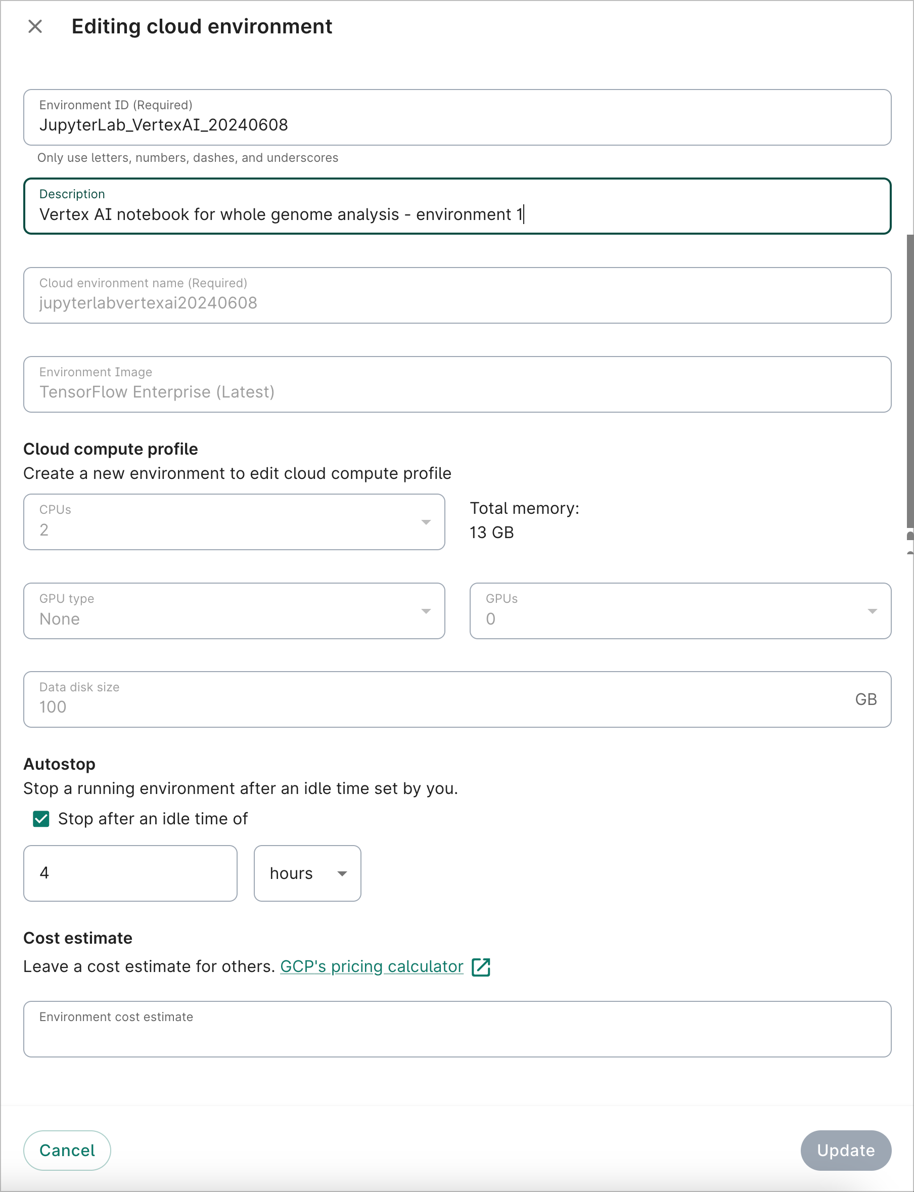 Screenshot of Editing cloud environment dialog, showing how to add a new description to an existing cloud environment.