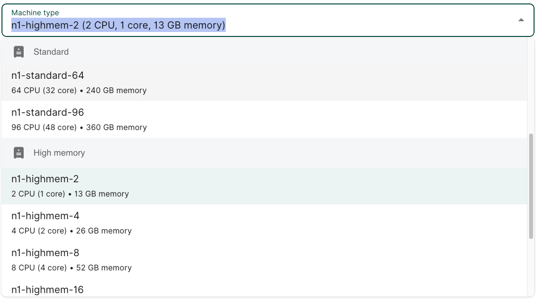 N1 standard and high memory machine types are listed.