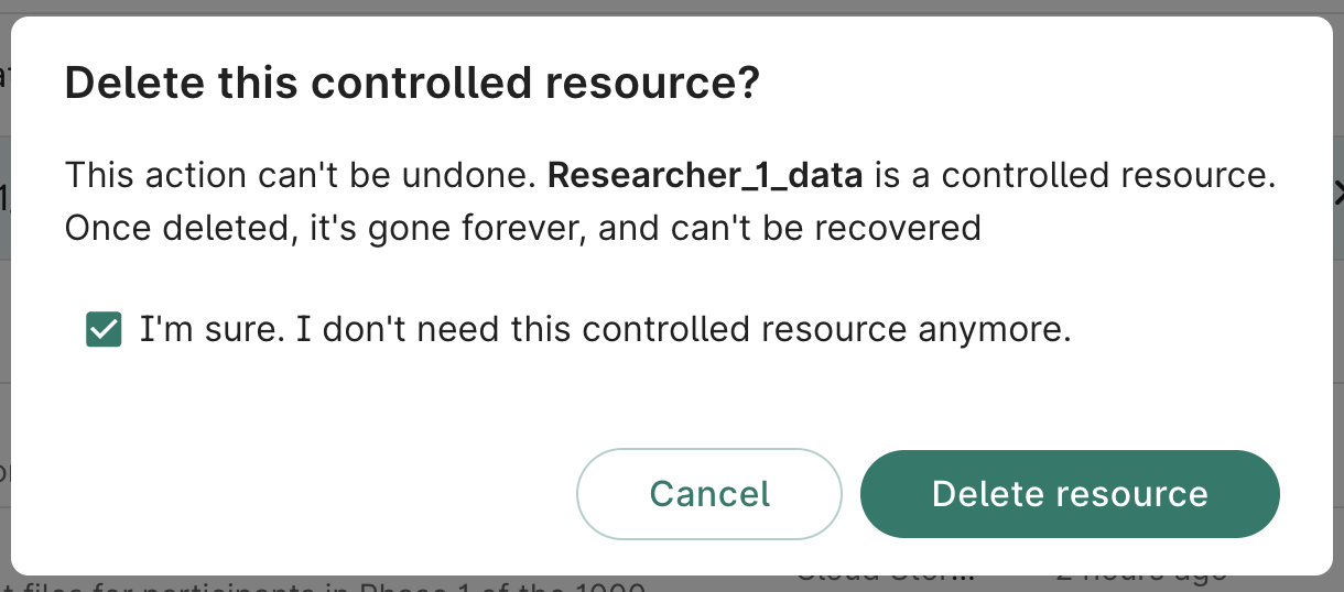 Screenshot of the dialog that appears when a user chooses to delete a controlled resource.