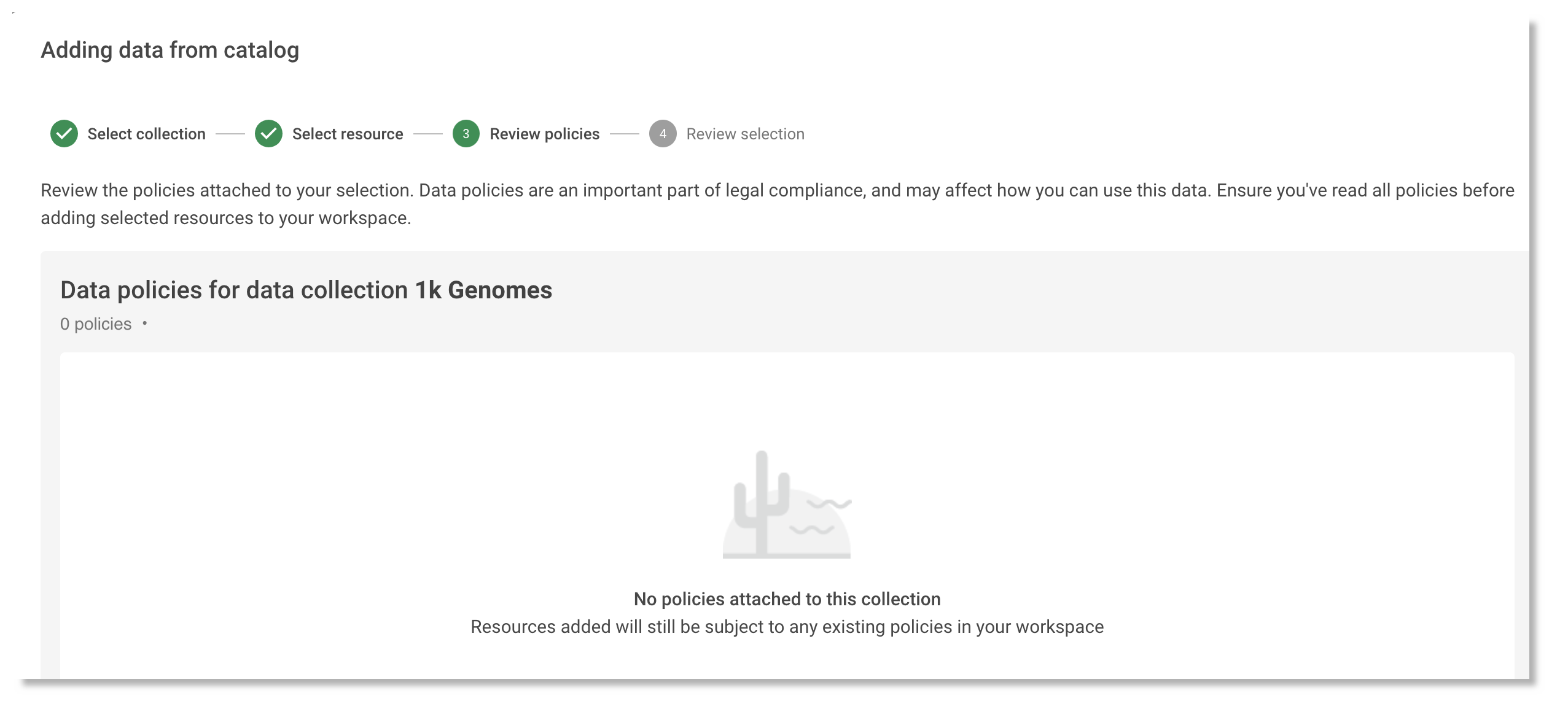 Screenshot of the Review policies dialog, the third step when adding a data collection from the data catalog.