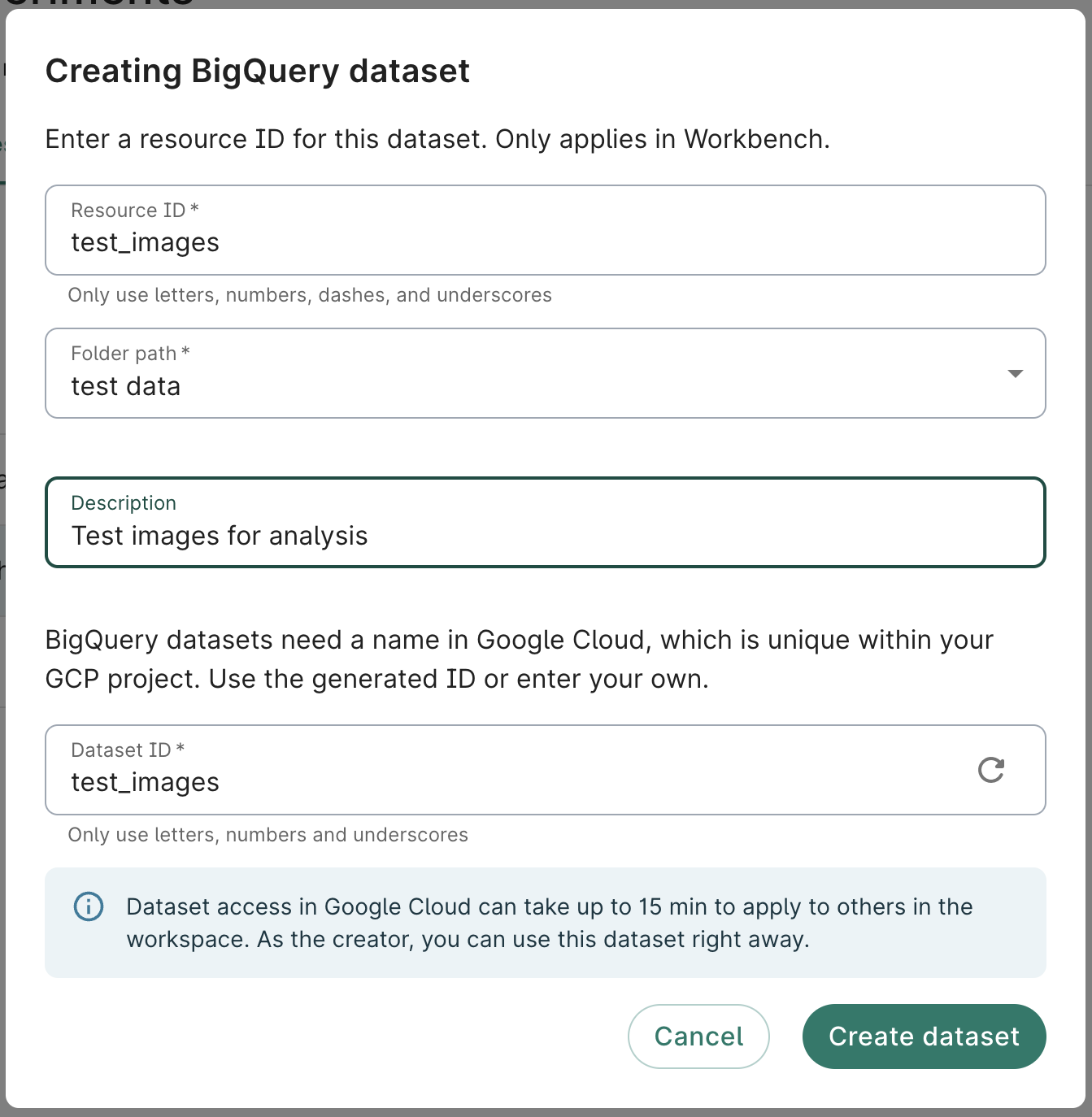 Screenshot of the Creating BigQuery dataset dialog.