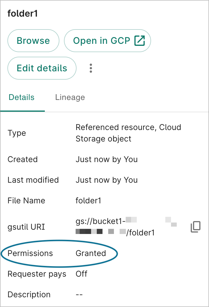 'Permissions: Granted' indicates that the user has access to the referenced Managed Folder