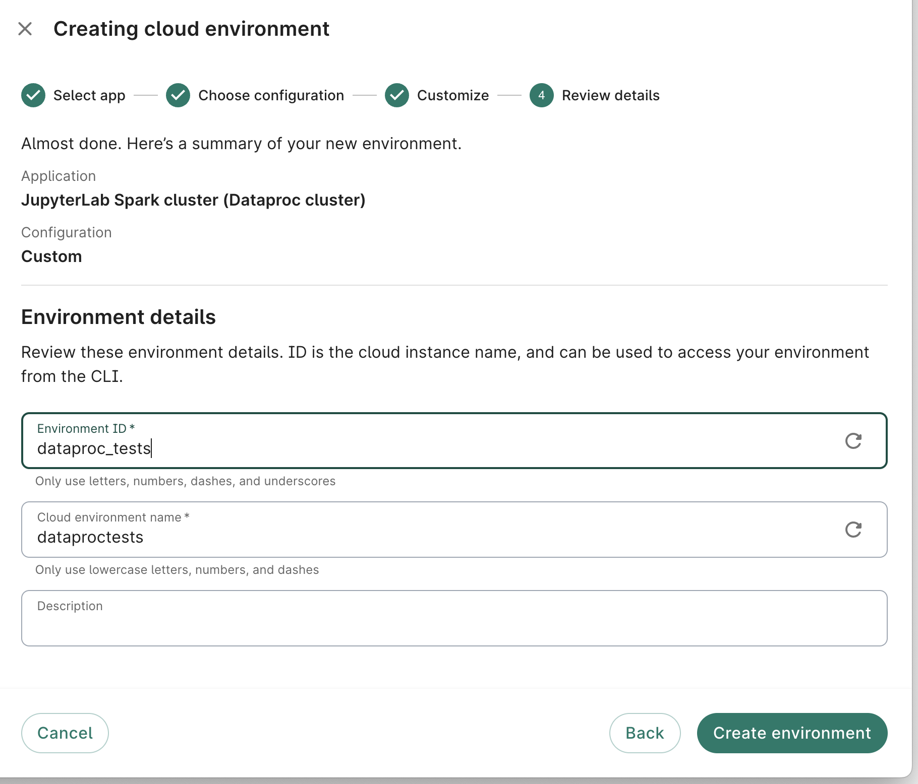 Screenshot of Review details dialog, the last step when creating a cloud environment.