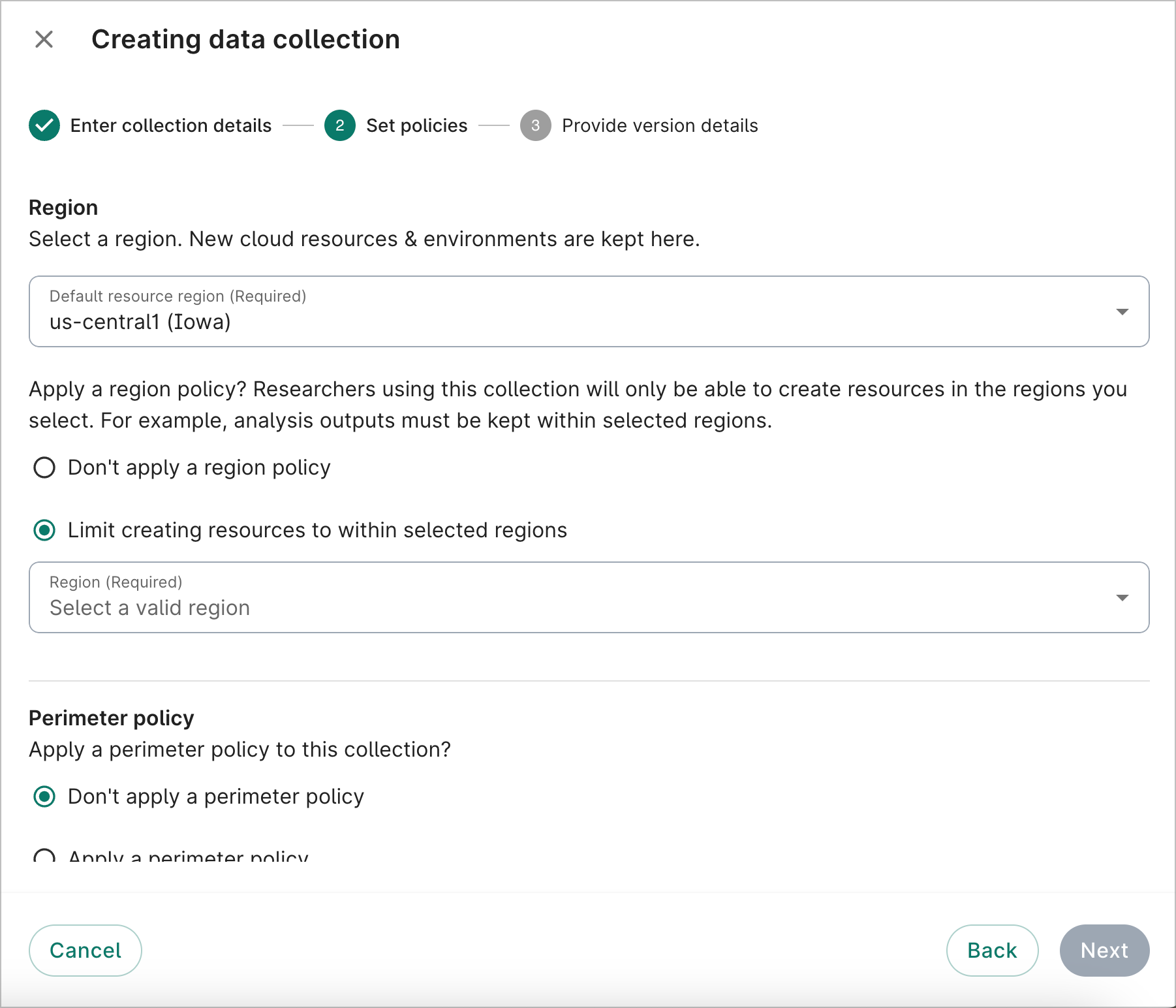 Screenshot of Set policies dialog that asks if the user wants to add a region policy.