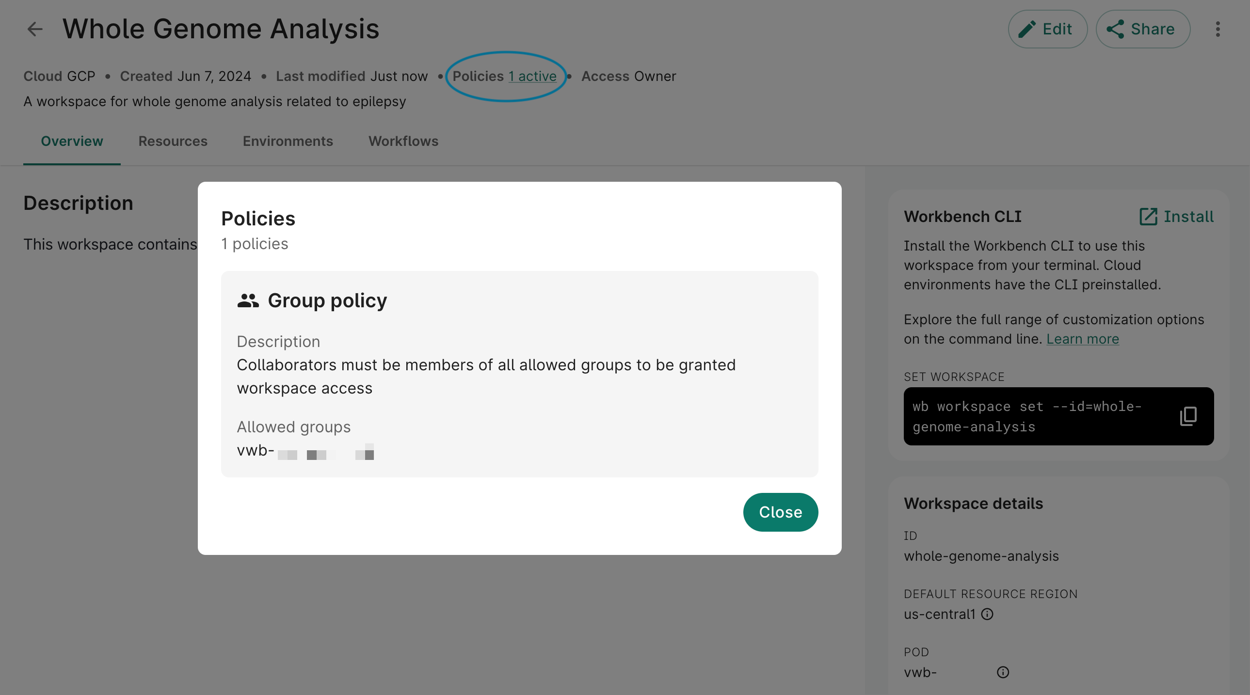 Screenshot of Policies dialog that shows the group policy in place for a workspace.