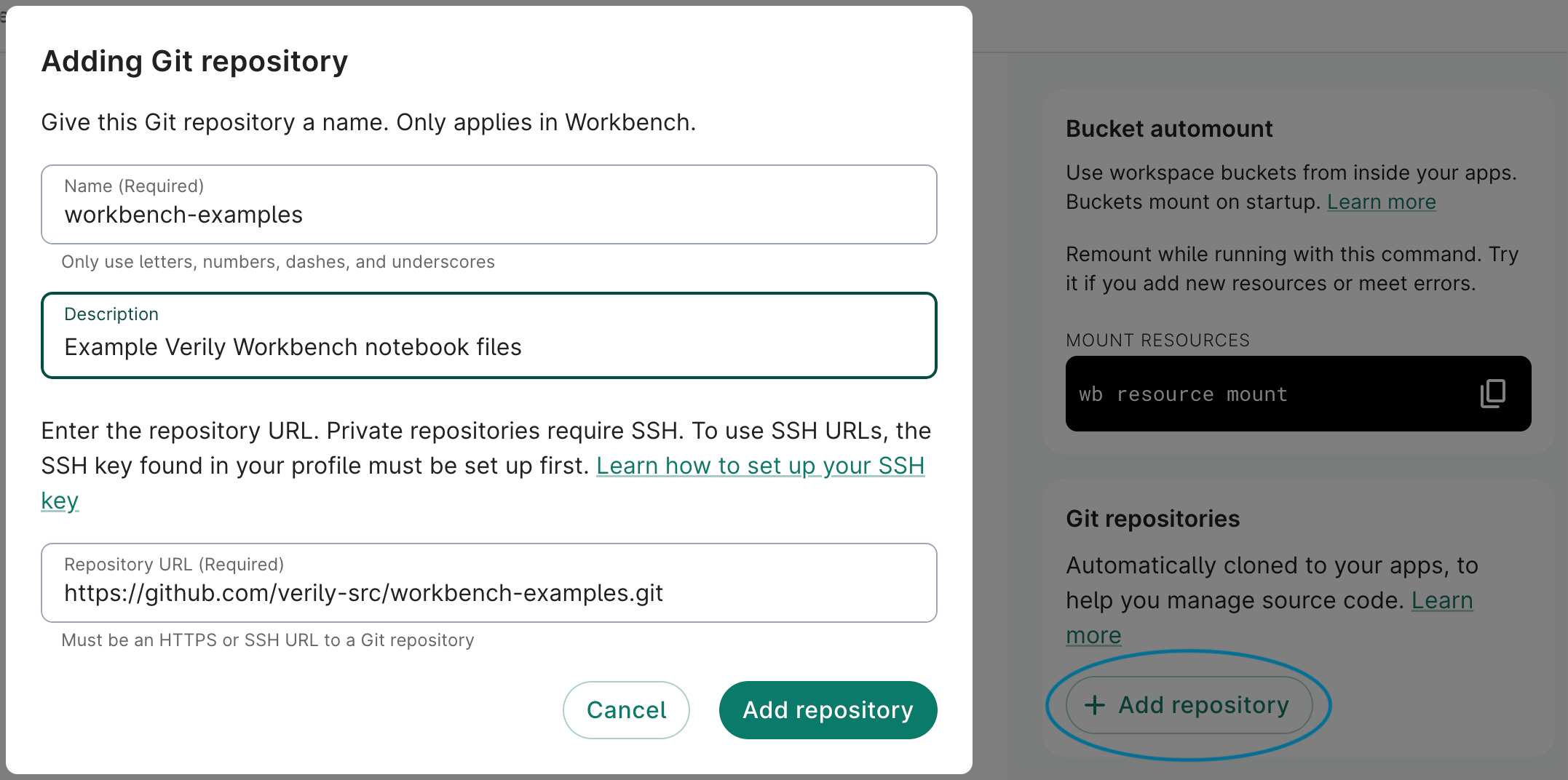 Screenshot of 'Adding Git repository' dialog, with 'Add repository' button highlighted on a workspace's Environments page.