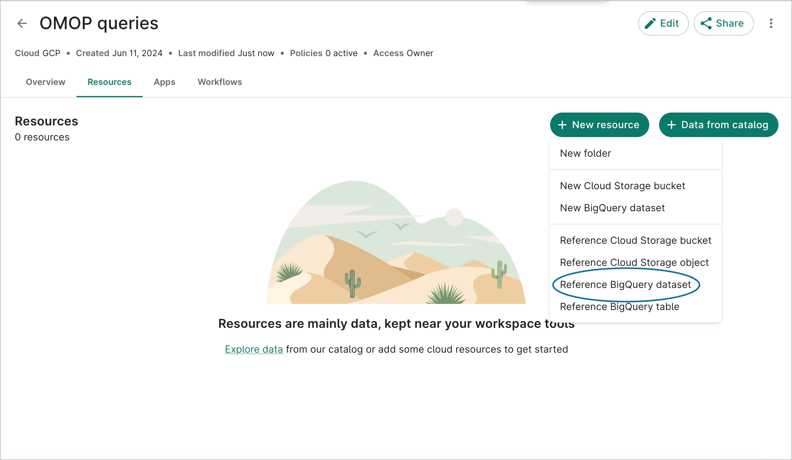 Screenshot of Resources page, highlighting 'Reference BigQuery dataset' option under '+ New resource' button.