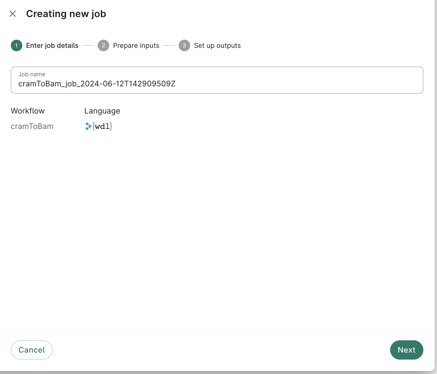 Screenshot of Enter job details dialog, the first step when creating a new job.