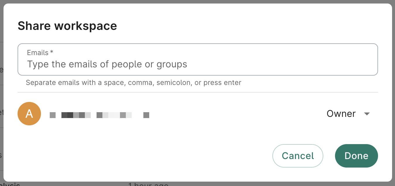 Screenshot of Share workspace dialog showing email input field and list of users with access to the workspace.
